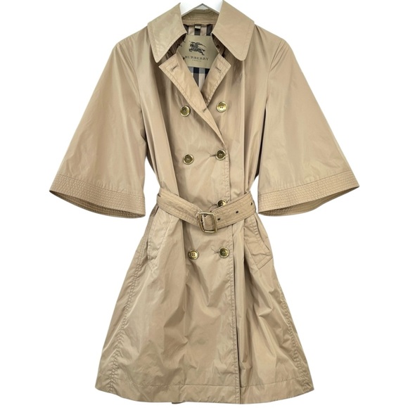 Burberry Beige Tan Kimono Half Sleeve Belted Double Breasted Trench Coat sz 12 - Picture 1 of 11